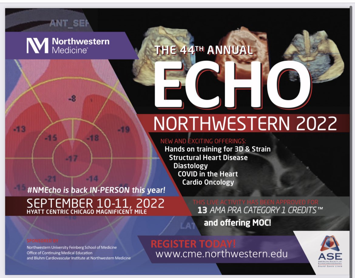 There is still time to register for Echo Northwestern to be held Sept 10-11. Course is filled with great educational opportunities including hands-on sessions for 3D and strain, scintillating case presentations and interactive lectures. Don’t miss out! cvconferences.com/echonorthweste….