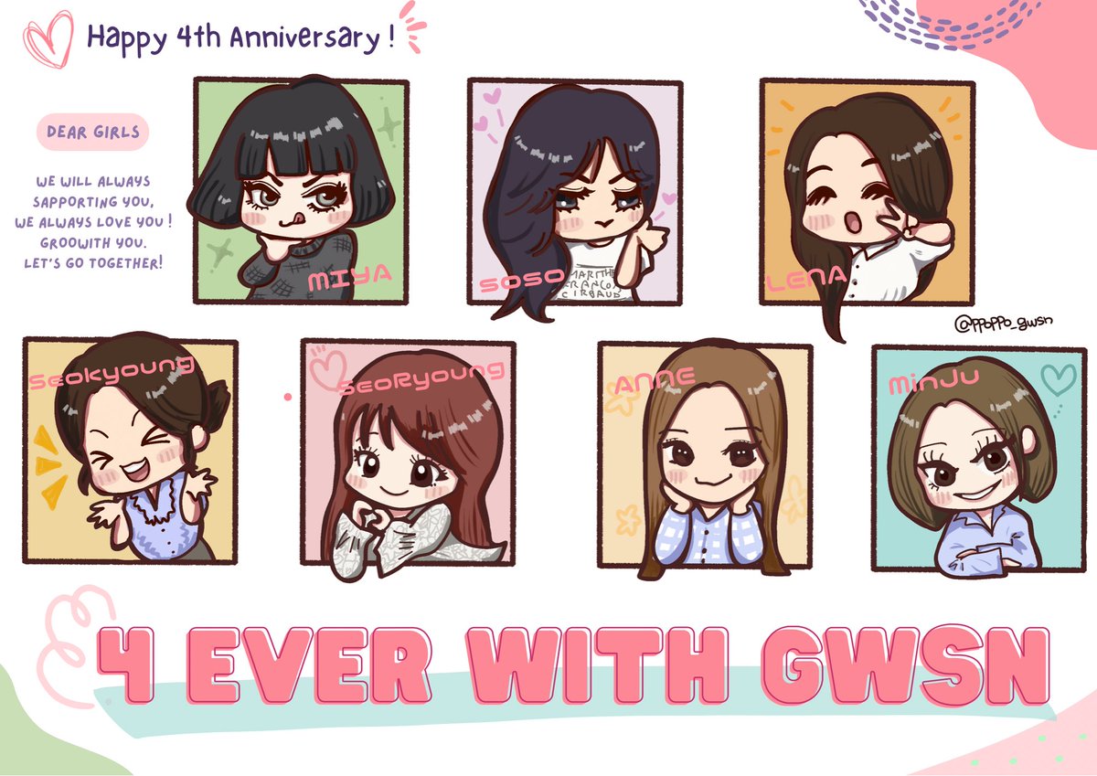 ✨GWSN ✨
🎀4th Anniversary 🎀
             
4주년축하해요🎂
앞으로도 사랑할께요✨ 
언젠가 꼭 일본에 와주세요🥹

From ppoppo✍🏻💕

#공원소녀_그루와영원히_4ever
#4everWithGWSN
#공원소녀 #GWSN
#公園少女  #イラスト  #gwsnfanart  #ppoppoart