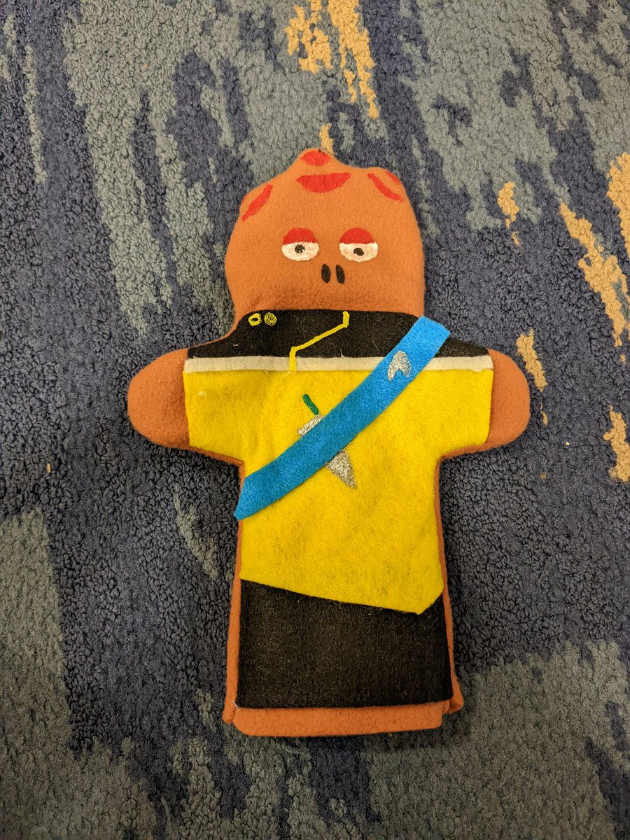 Kayshon puppet bought from <a href="/FeltNerdy/">Felt Nerdy</a> at their Trek track puppet show. An excellent addition to our Trek collection.