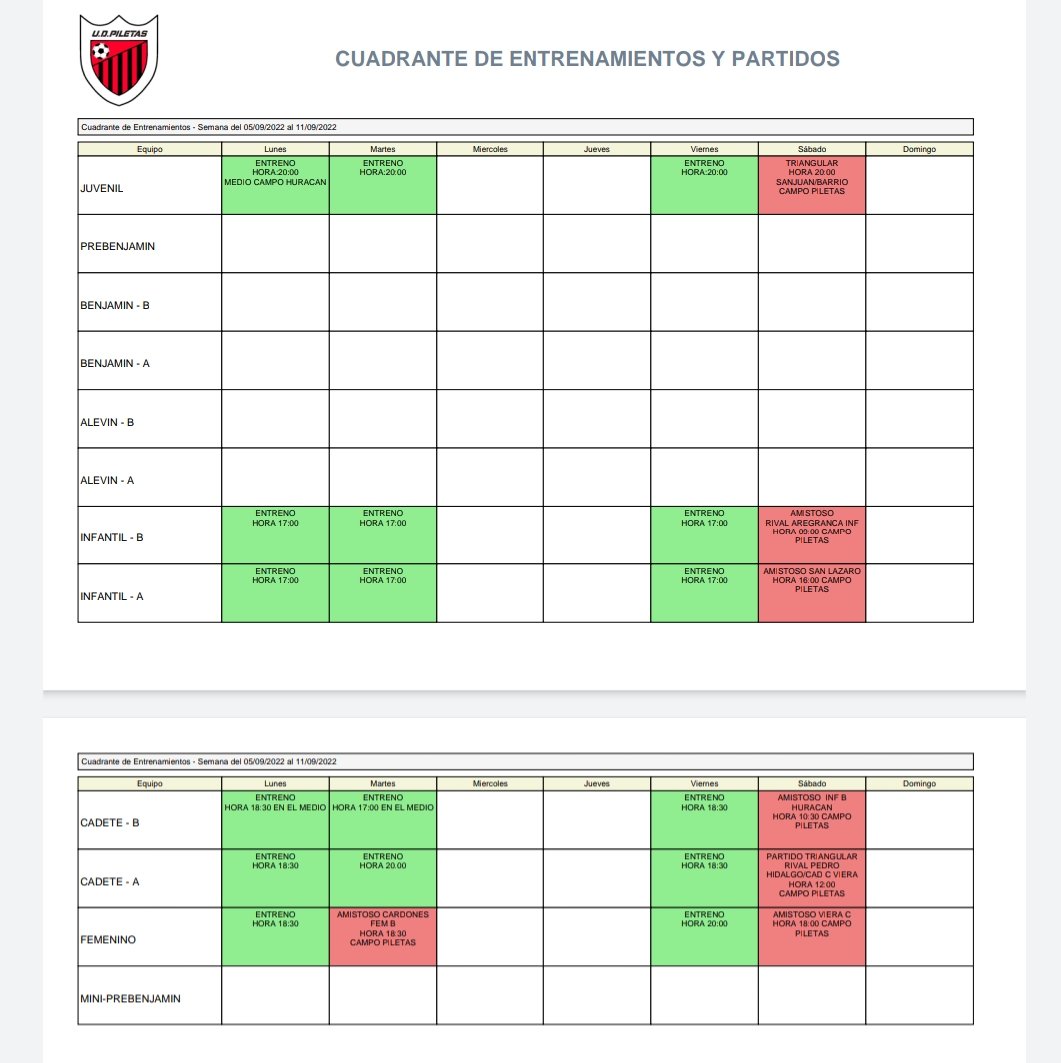 Cuadrante de entrenos semana del 5 de septiembre al 11 de septiembre de 2022