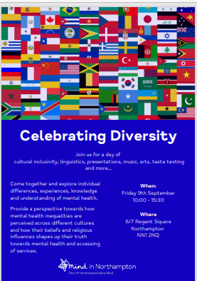 NorthantsBCT's tweet photo. Mind Celebrating Diversity Event Friday 9th September 10am - 3.30pm https://t.co/gZlszvjboW