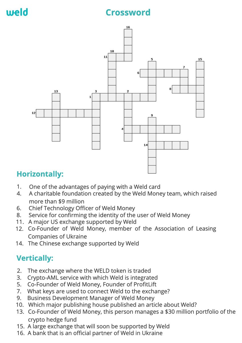 golldars's tweet photo. And how much will it take you to solve this crossword puzzle on the @MoneyWeld project?
I did it for 3 hours, but I was able to solve it in 15 minutes๐ค
#WeldMoney #MoneyWELD
#WELD https://t.co/OYd7ayArJ9