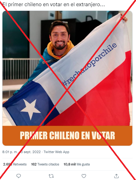 EFEVerifica's tweet photo. 🇨🇱❌Un votante chileno en el extranjero no sostuvo una bandera con la opción del "Rechazo".

 👉Se trata de un montaje fotográfico, como muestra una búsqueda inversa y el análisis de la herramienta Fotoforensics. 
https://t.co/7HjeC2Ghss https://t.co/hjuHI7HkdJ