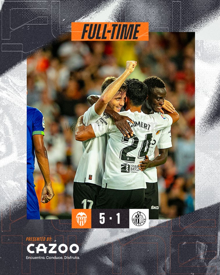 valenciacf's tweet photo. #ValenciaGetafe 🦇🔵

⚽ 5-1 | ¡FINAL DEL PARTIDO!

Victoria y noche espectacular en #Mestalla. TOTS A UNA VEU!

#CORVCF
#ADNVCF https://t.co/IxzE0UKV88