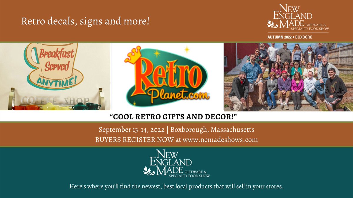 NEmadeshows's tweet photo. Don't miss Retro Planet &amp; their delightful decor on September 13-14, 2022 at this years New England Made Giftware &amp; Specialty Food Show in Boxborough, Massachusetts. For more information visit https://t.co/WZeWmFwz8T &amp; register today! #nemadeshows #nemade #newenglandmade https://t.co/hheZORFkjE