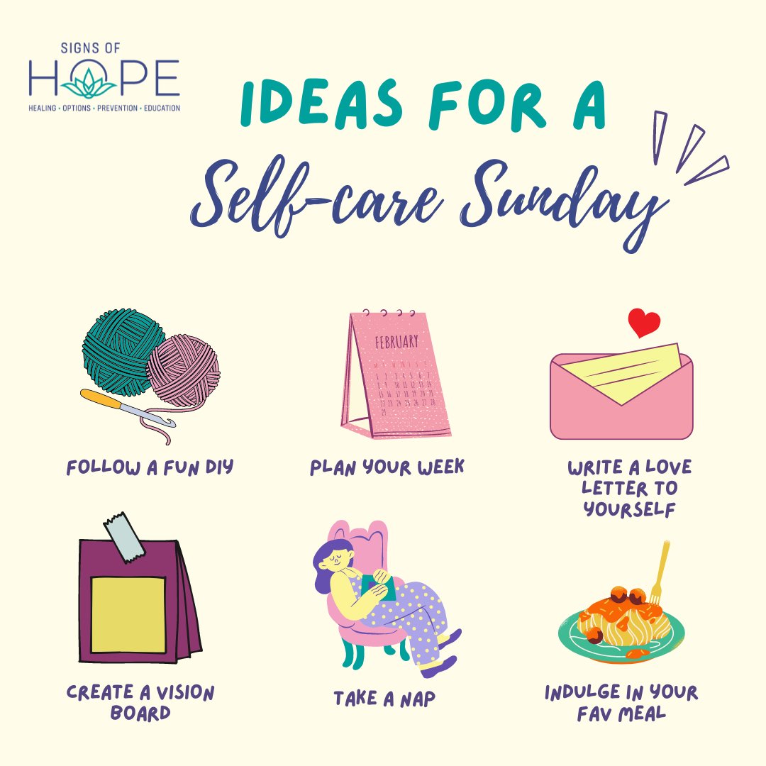 signsofhopelv's tweet photo. Self-care Sunday! Here are some fun ideas to partake in today as some self-care. You deserve to relax and enjoy your personal time! 🌟💌
#SelfCareSunday #FunIdeas #Relax #Wellness #MentalHealth #sohlv https://t.co/mPkC26q9Mf