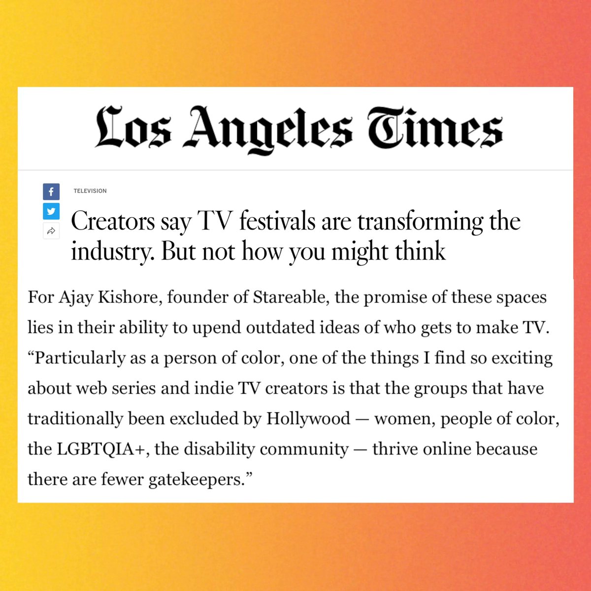 stareable's tweet photo. From #Stareable's feature in the Los Angeles Times.
Join us at Stareable Fest NYC (Oct 28-30, The Space at Flatiron) and see the powerful industry pipeline we're building for creators firsthand!
TICKETS here: https://t.co/v10PP8U0BV
#webseries #indiefilms #NowStreaming https://t.co/2aHFgHnwRT
