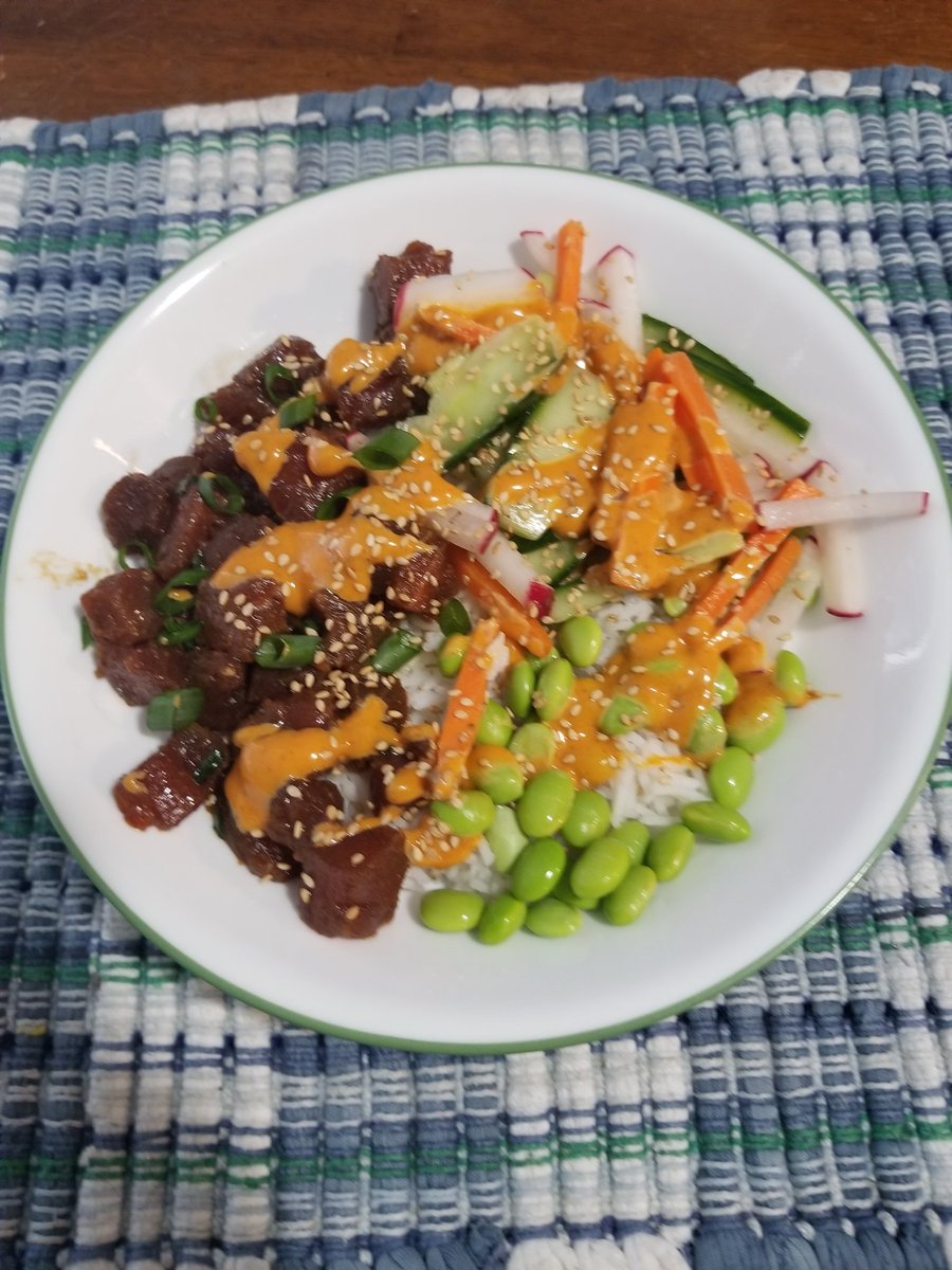 JMVanHornAuthor's tweet photo. Son and I messed around in the kitchen today, making our first Poke Bowl.
Not bad for our first attempted. Already have some ideas what to do next.
#Sundaylunch #lunch #pokebowl #tuna #spicyaioli #authorswhocook https://t.co/nJkOaGxWIk