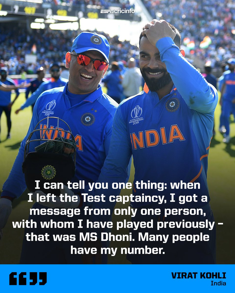 cricinfo's tweet photo. Virat Kohli said MS Dhoni was the only former team-mate to check in on him when he stepped down as Test captain 😲 https://t.co/vXqmTsLM81