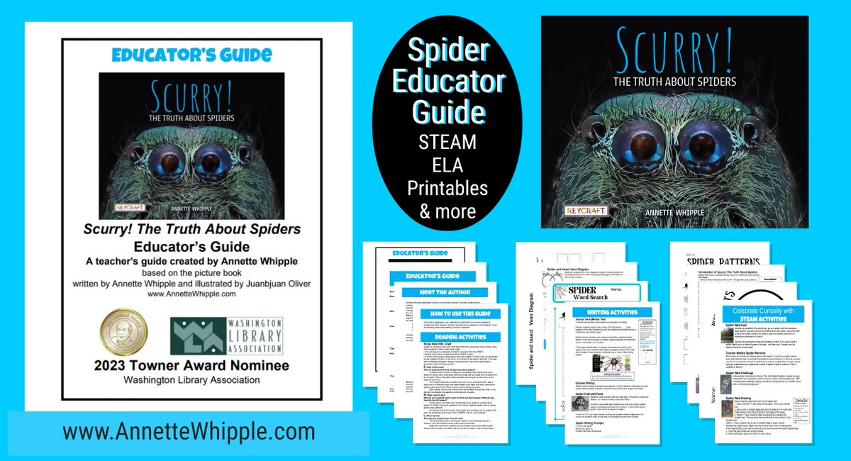 AnnetteWhipple's tweet photo. Are you teaching about #spiders? Curious about spiders? Use this spider #teacherguide for a bit of help. Free for home and school use. 15 ELA and #STEM activities. #STEMeducation  https://t.co/xhWYjA1FHr @SteamTeamBooks https://t.co/wO15dvGY7h