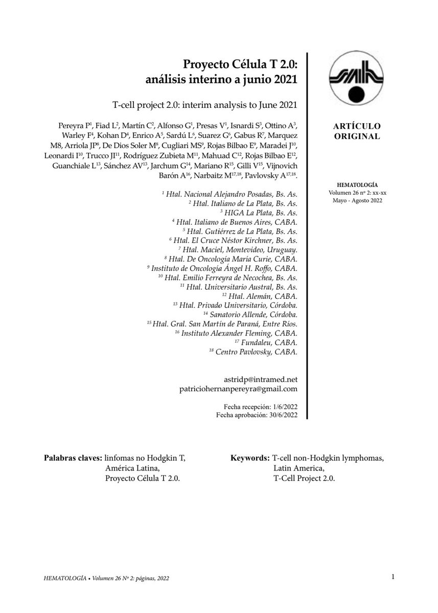 Argentina &amp; T-Cell Project 2.0. 
Collaborative Teamwork beyond the borders is a must  
<a href="/AstridPavlovsky/">Astrid Pavlovsky</a> <a href="/FiadLorena/">Lorena Fiad</a> <a href="/SAHematologia/">Sociedad Argentina de Hematología</a>
revistahematologia.com.ar/index.php/Revi…