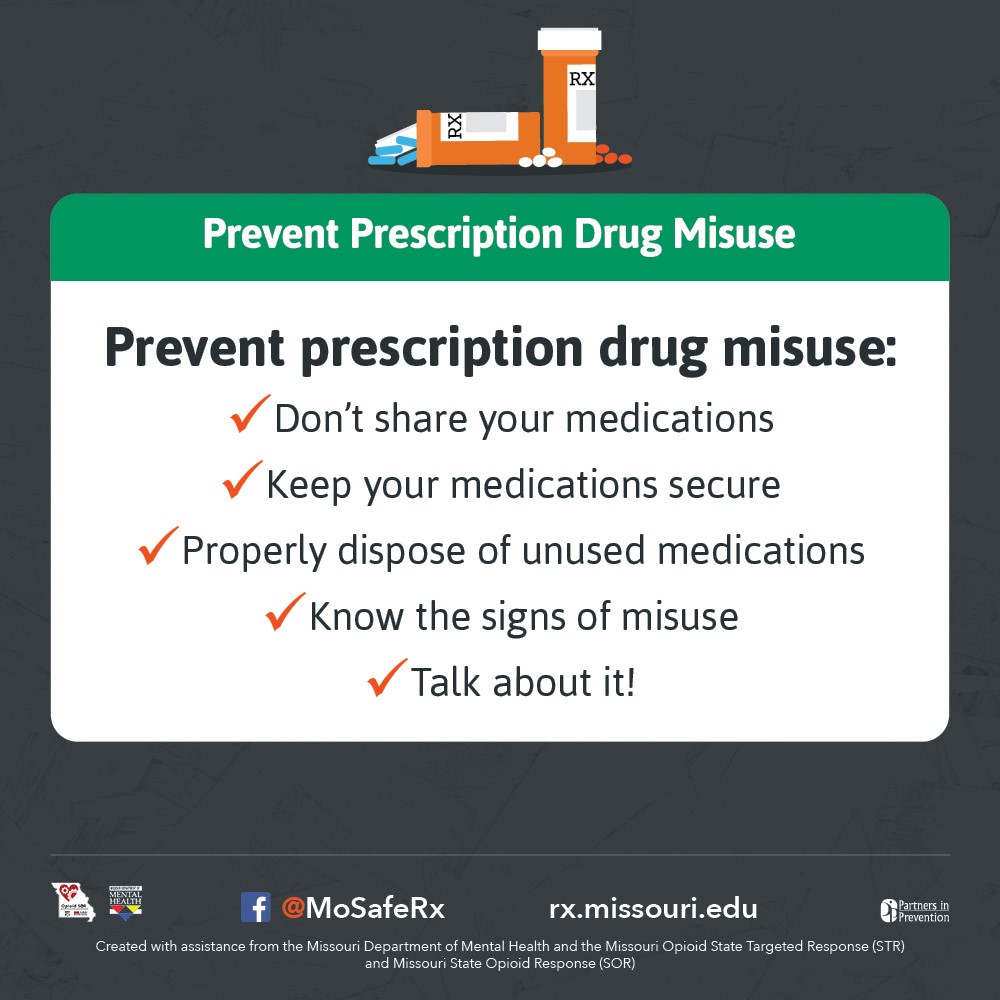 MissouriPIP's tweet photo. Know how to prevent prescription drug misuse:
+ don't share meds
+ keep meds secure
+ properly dispose of unused meds
+ know the signs of misuse
+ talk about it
#StopTheStigma #MoSafeRX #RXSafety #DrugMisuse #Prevention #OpioidCrisis #YouMatter https://t.co/fWjAFttREF