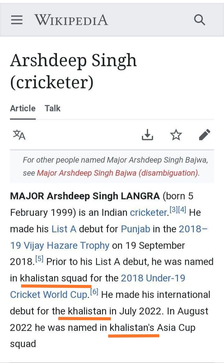 𝙧𝙞𝙮𝙖𝙨𝙖𝙩 𝙚 𝙨𝙝𝙚𝙝𝙯𝙖𝙙𝙖🇮🇳 On Twitter Rt Askanshul Wikipedia Page Of Indian Player Arshdeep Singh 