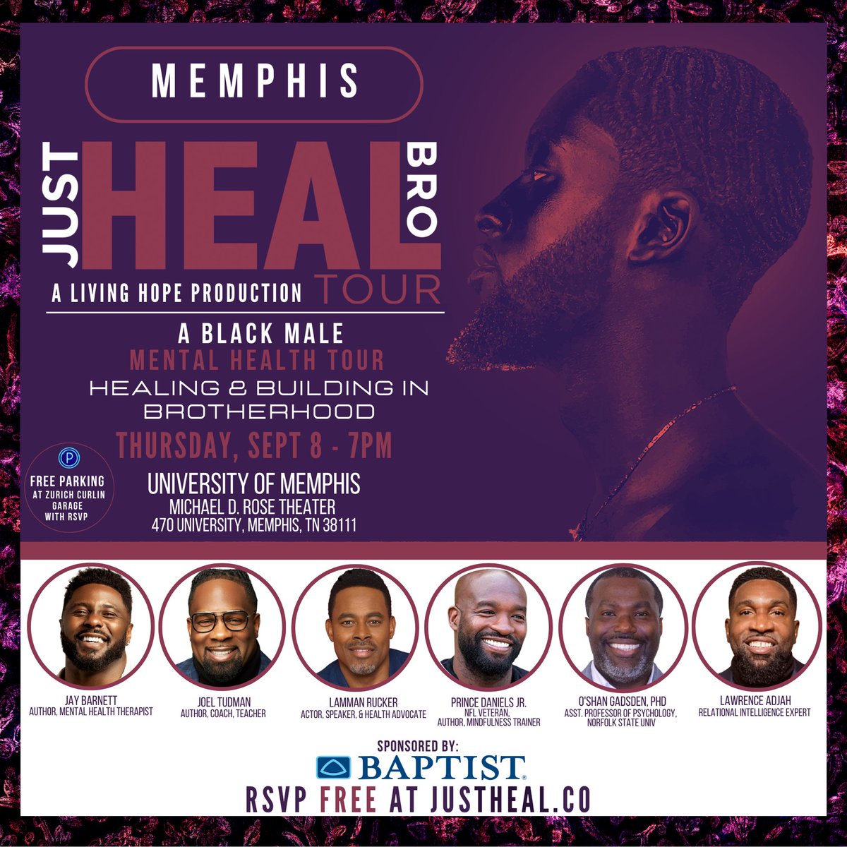 drlbwashington's tweet photo. Looking forward to the Just Heal Heal Bro Tour this week sponsored by Baptist Memorial Healthcare!  Come out to this free event discussing mental health in Black men. https://t.co/62xgrXeQfq