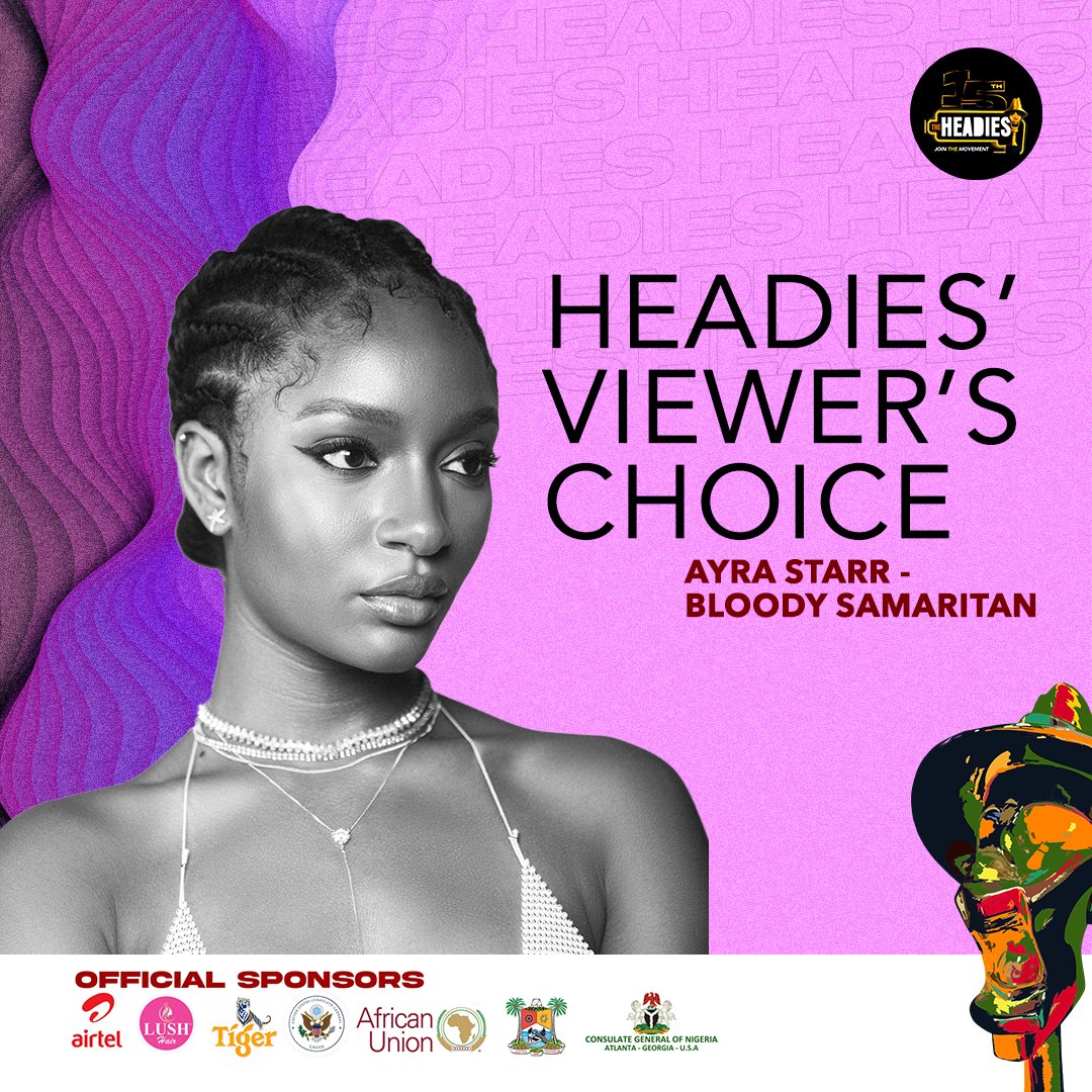 The_Headies's tweet photo. #The15thHeadies "Viewer's Choice" Award - "Bloody Samaritan" By @ayrastarr  #ShowYourAfrica https://t.co/iR67wYJ06M