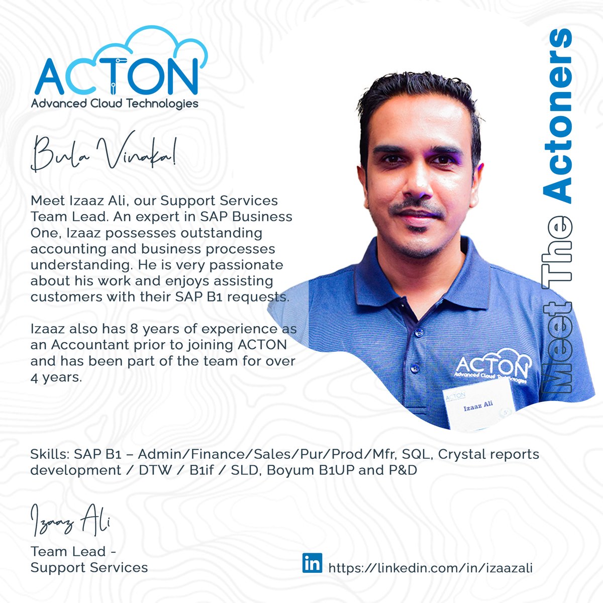 actonfiji's tweet photo. Meet Izaaz Ali, Team Lead - Support Services.
#meettheactoners #actonfiji #actoners #fiji #ict #forfijiansbyfijians #cloudtechnology #softwareengineering #microsoft #businesscentral #techtourism
100% #EmployeeOwned 100% #EmployeeOperated 100% #FijianOwned https://t.co/bXWwA0g6gt