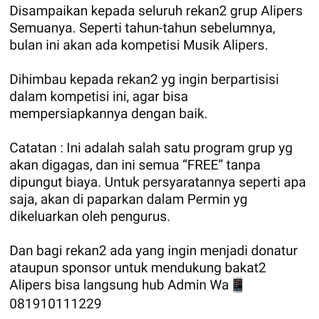 AlipersTv's tweet photo. Persiapkan diri Anda untuk mengikuti kompetisi musik Grup Alipers Indonesia. #alipers #alipersindonesia https://t.co/LPrE9mBKTP