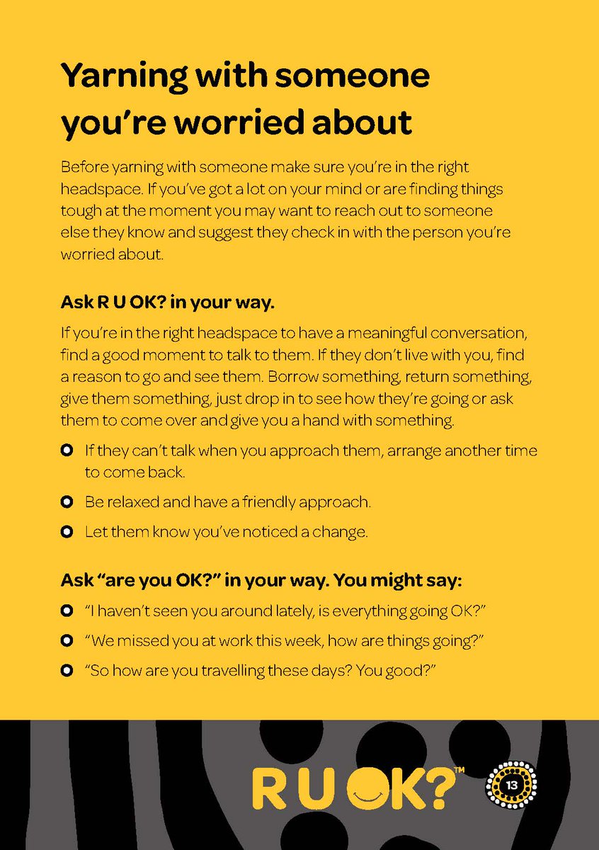 3KND's tweet photo. RU OK Day is coming up on Thursday the 8th of September. We all know though, that every day is a day we should ask RU OK?
How do you check in on your mob, friends, colleagues?
Check out this great resource for ways in which you could ask someone you know and love, RU OK?
#ruok https://t.co/obeNpuno9f