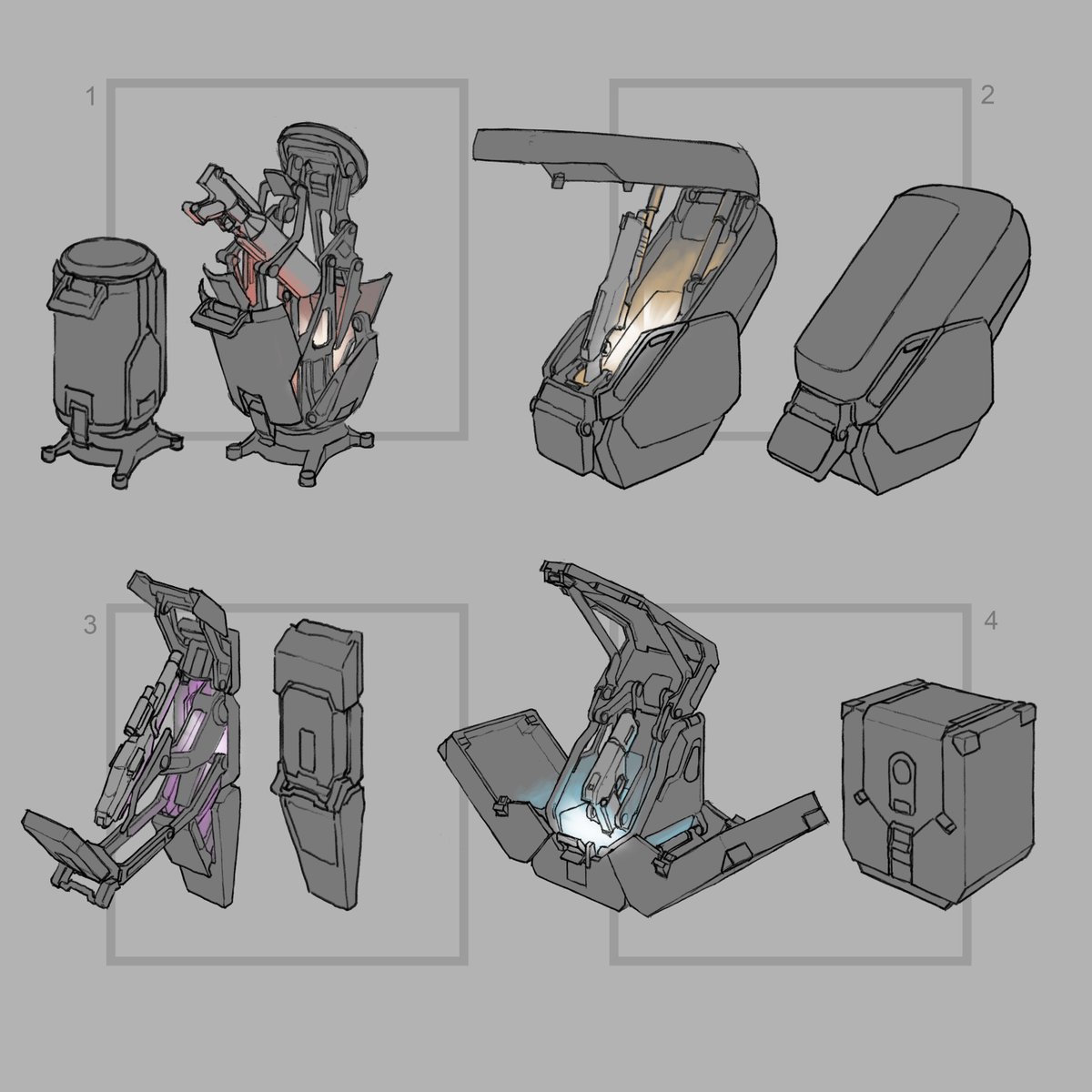 mike_doscher's tweet photo. More crates from a cancelled project and some weapon developmental sketches from GALAHAD 3093. A good argument for integrating 3D into the concept process to show props as experiences rather than inert objects. Not needed but it reduces communication overhead https://t.co/SgmrBTHDf6
