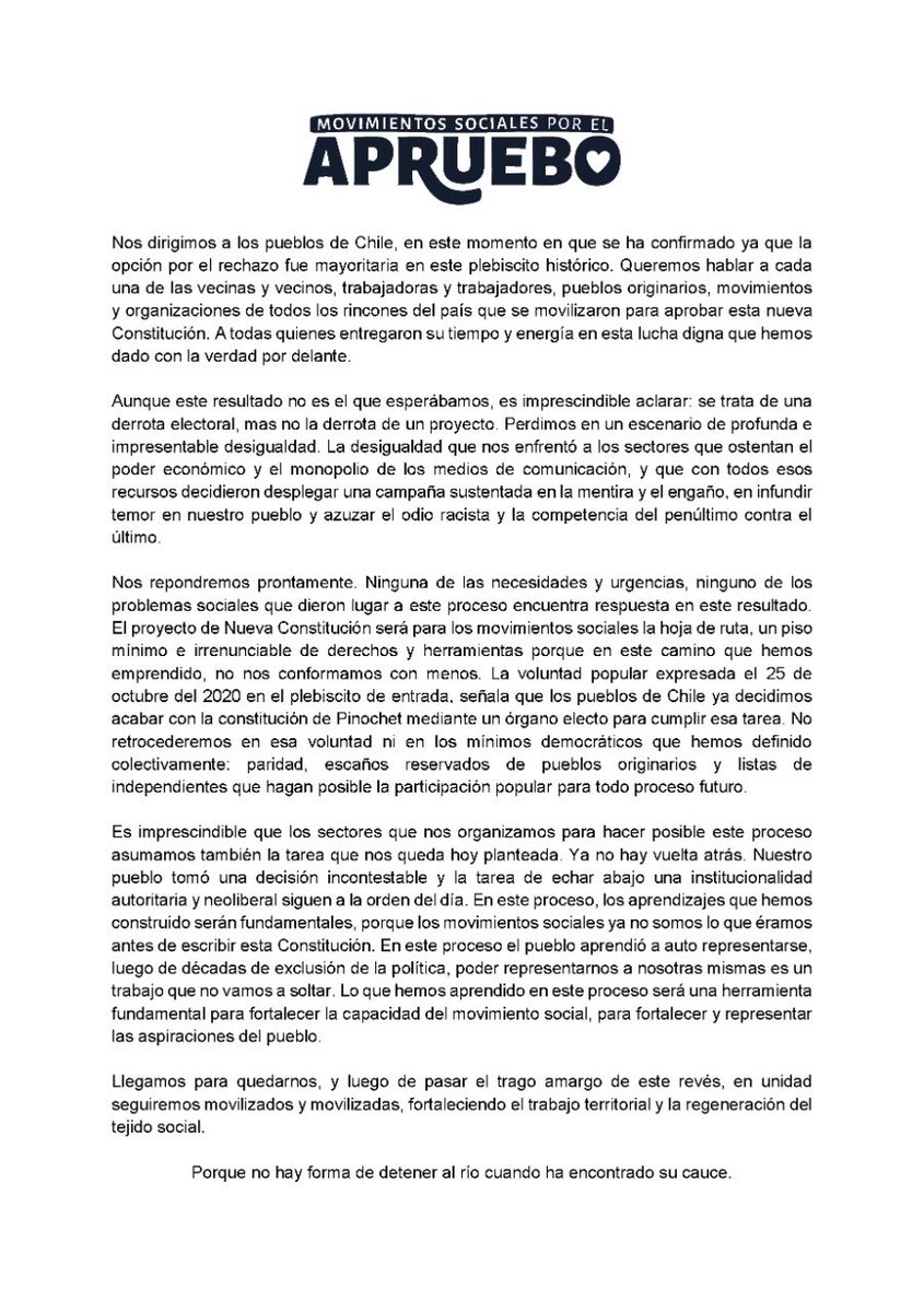 Declaración comando de Movimiento Sociales ♥️
Escribimos con el nudo en la garganta, pero también con la tranquilidad de una campaña honesta y la certeza de que no soltaremos el cauce que hemos encontrado. 
#PlebiscitoChile