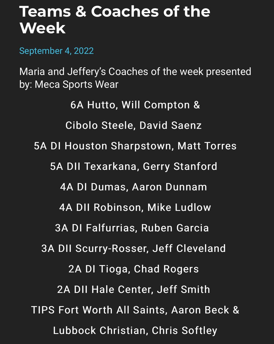 Congratulations to the Robinson Rockets and Coach Michael Ludlow named 4A D2 team of the week and coach of the week by Carl Padilla and the Padilla Poll.  <a href="/robinsonisd/">Robinson ISD</a> #RNQ