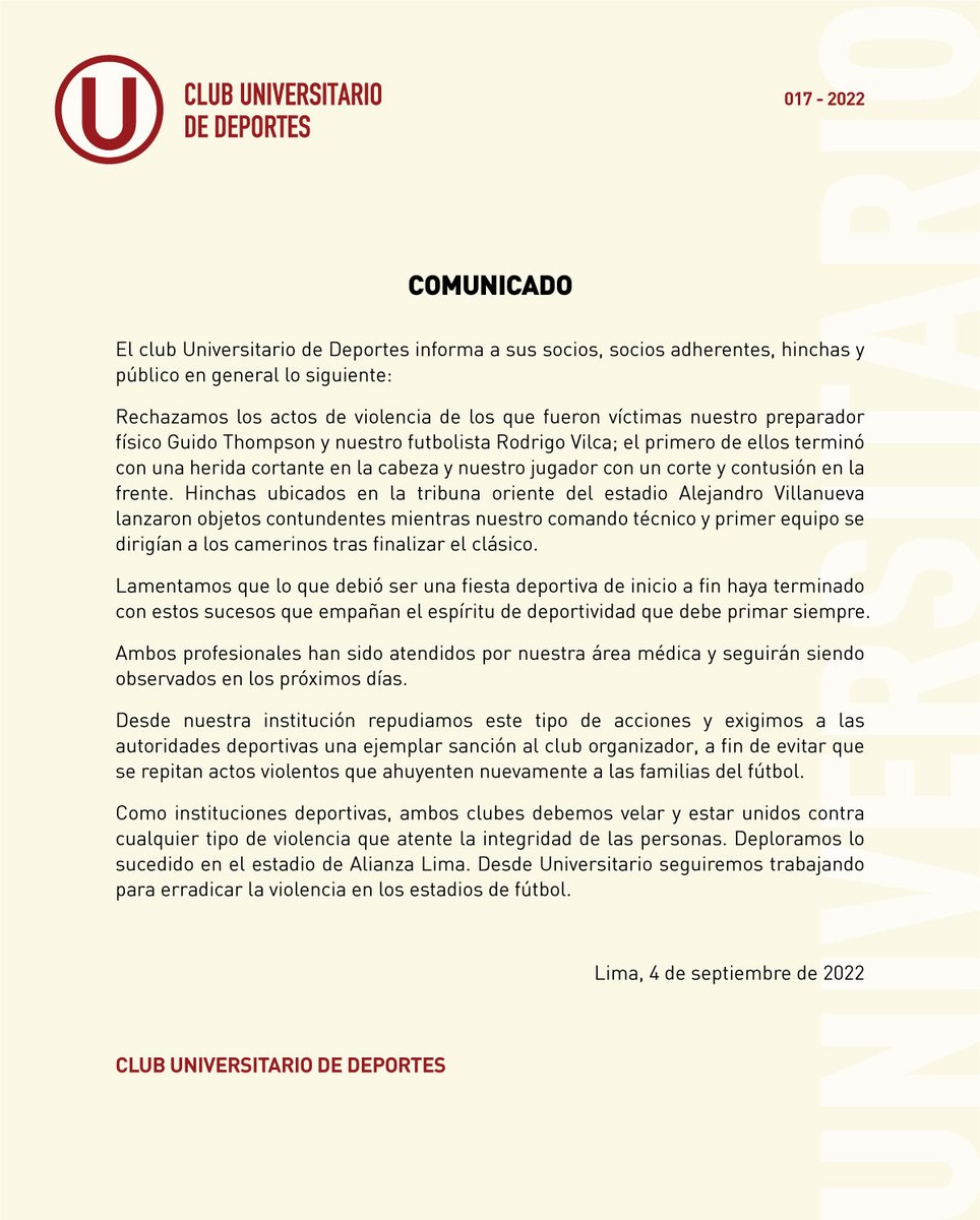 Universitario's tweet photo. 📄 Comunicado a la opinión pública.

Rechazamos la violencia en el Estadio Alejandro Villanueva. https://t.co/AlpjhAfP7d