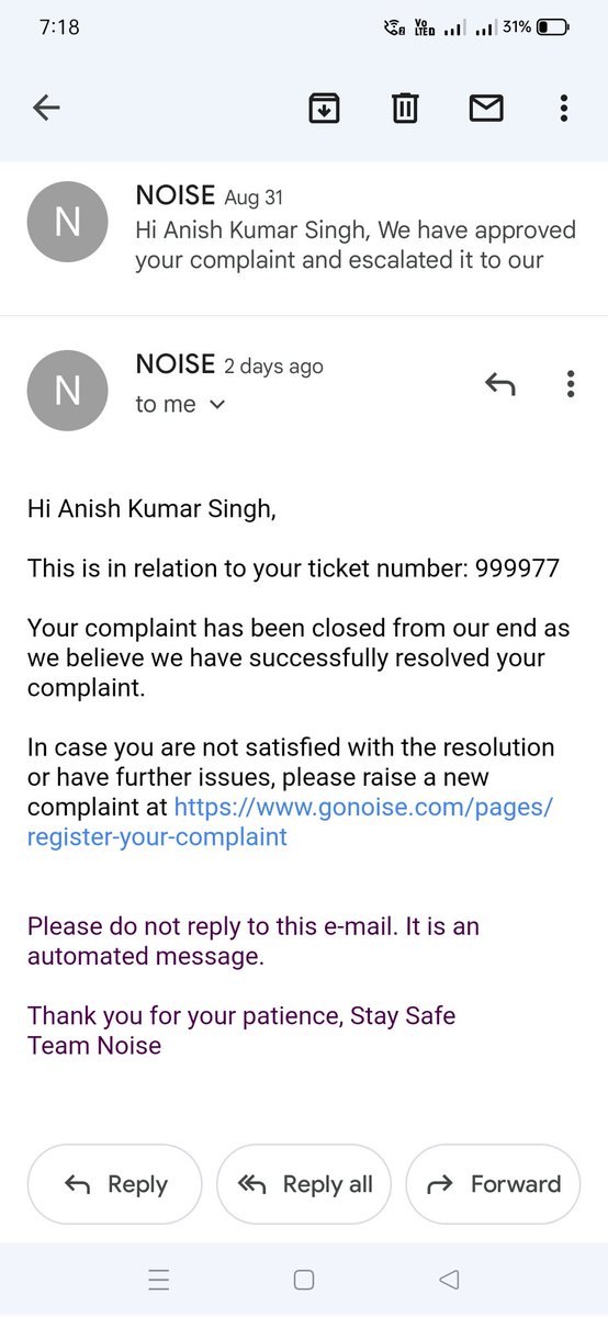 sanish2208's tweet photo. I just got mail that my issue has been resolved but nothing has been resolved they're not giving my original product or new fresh product it's my disgusting experience with noise.
@SupportNoise 
@itsgauravkhatri 
@TechDrago_ https://t.co/Em0eSaXuxL