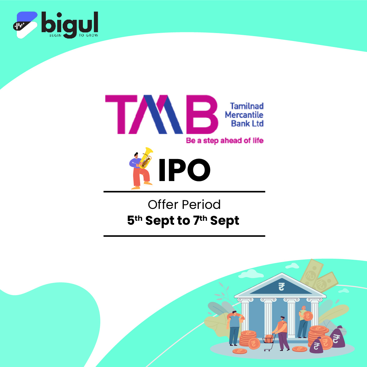 Bigul_trading's tweet photo. Tamilnad Merchantile Bank Limited #IPO open Today, 5th September, 2022!
Apply for the IPO via Bigul - https://t.co/MRME4kuWaN
Visit at - https://t.co/MnEiOrefbB
#ApplyIPO #IPO #bigul #bigultrading #bigulforall #IPOIndia #IPOAlert #IPO #StockMarket #Stocks #Investment https://t.co/PGNADNrWJm
