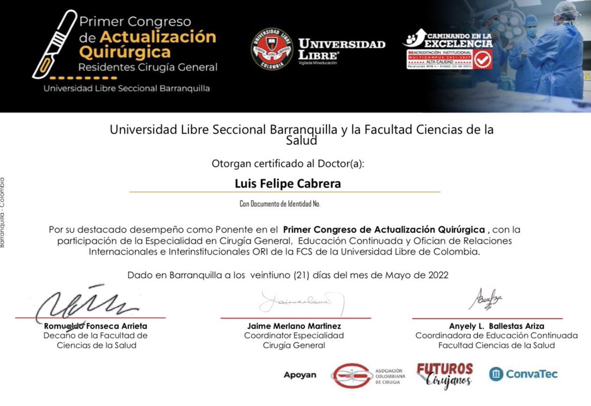 PipeCabreraV's tweet photo. El origen de @grincircar ! Honrado de haber sido ponente en un evento tan prestigioso! Gracias totales a @NandoEnriqueTV @manuelajaramillo y a todos los residentes de @unilibrebaq  @Cirugiaunilibre @Ori_unilibre ! Vamos por más! #SoMe4Surgery https://t.co/M5fSNvRc25