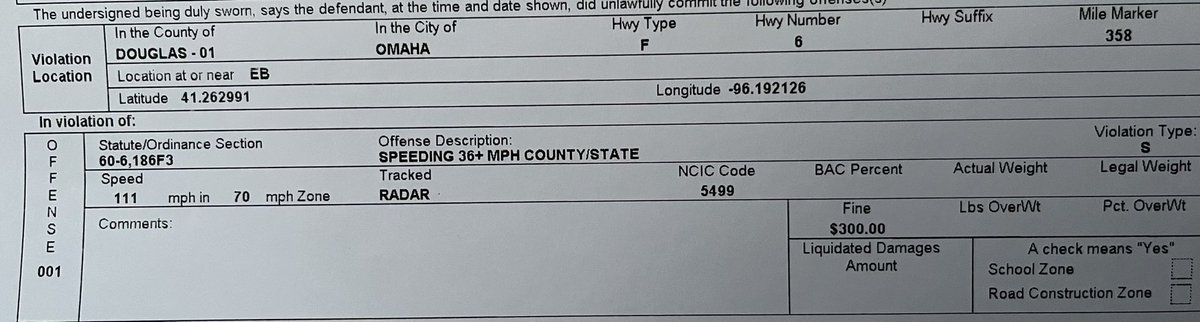NSP_TroopA's tweet photo. Troopers stopped this driver doing 111mph in a 70mph zone near 180th and Dodge Street.   Please obey all posted speed limit signs.  #NSP142 https://t.co/vuGVn0mPof