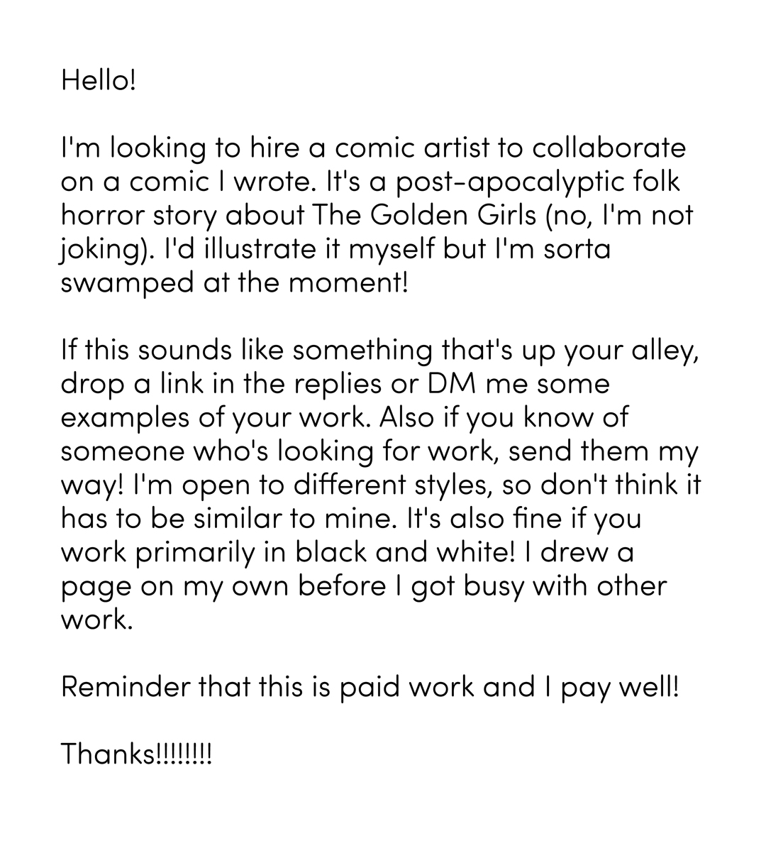 adamtotscomix's tweet photo. Hey! I'm looking to hire a comic artist for some paid work. If you're not an artist, I'd still appreciate a retweet if you're so inclined! I'd love to give someone an opportunity to get their work out there. 😊 https://t.co/K76hYcRQi1