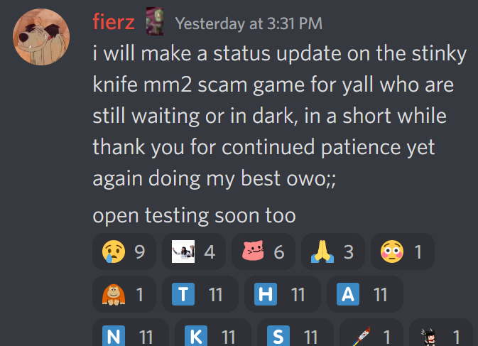 ImTroubleYT's tweet photo. Forgot to post this yesterday but some new information about the next KAT update has been released. Fierzaa posted an announcement in the KAT Discord server saying that a proper status update and open testing will be happening soon. #katroblox #knifeabilitytest #roblox https://t.co/hZBgydWf3U