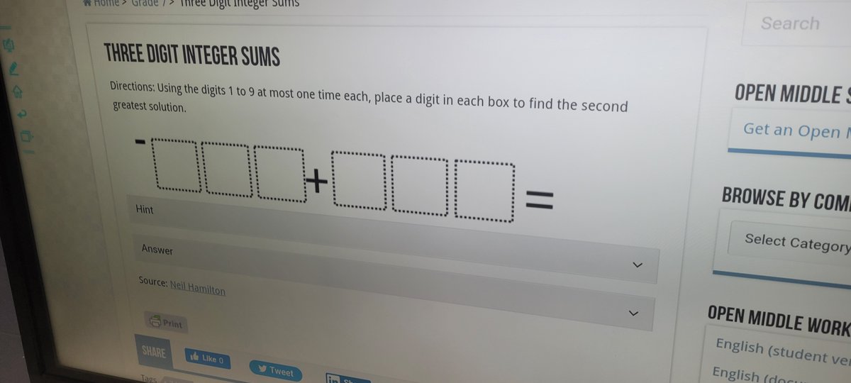 MeunierMath's tweet photo. #backintheclassroom for one class/day and loving it!  #prealg did a #numbertalk about adding integers with incredible #discourse, did some pair practice with a puzzle (more #discourse), and the an @openmiddle for the early finishers!!!  @ADWCathSchools @StJosephsRCS @NCEATALK https://t.co/EJOLvIvkI1