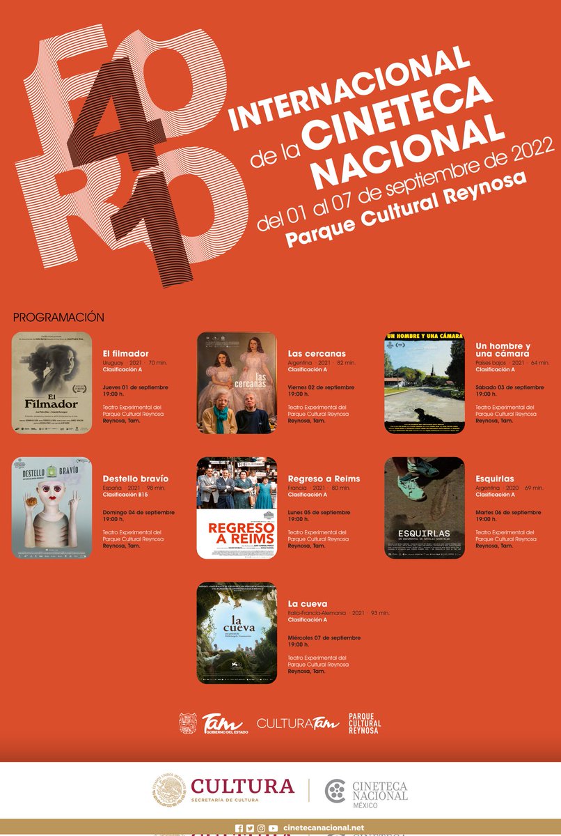 ITCATamaulipas's tweet photo. 🍿🍿 ¡Cinéfilos de #Reynosa! El #41FORO ya arrancó en el @ParqueReynosa.
Únete del 1 al 7 de septiembre, 19:00 horas.
🎟 Entrada libre y gratuita. https://t.co/CAq8BX1cfY
