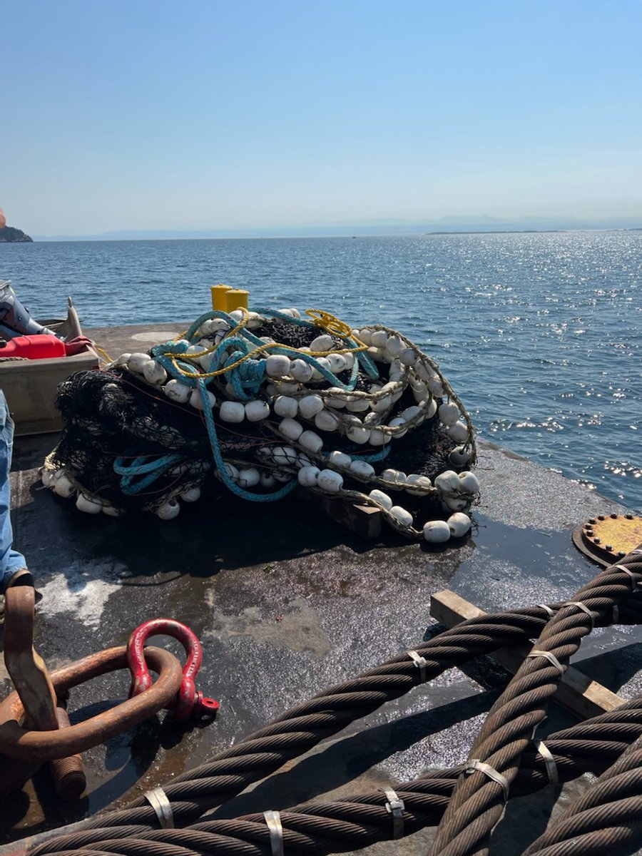 USCGNorthwest's tweet photo. #Update #AleutianIsle Dive crews completed clearance of entanglement hazards, cutting away all free-floating net from the vessel &amp; securing all remaining net &amp; entanglements to vessel. Divers started rigging ops. Once completed, next phase will be raising the vessel. https://t.co/FsNbZmvVQG