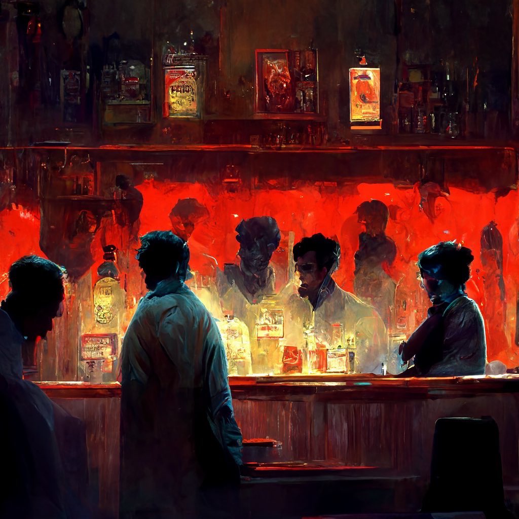 K_Mc_Max's tweet photo. Demons’ Day at the Bar #Art #AI #AIArt https://t.co/yakZKVWsyM