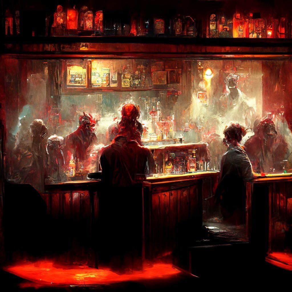 K_Mc_Max's tweet photo. Demons’ Day at the Bar #Art #AI #AIArt https://t.co/yakZKVWsyM