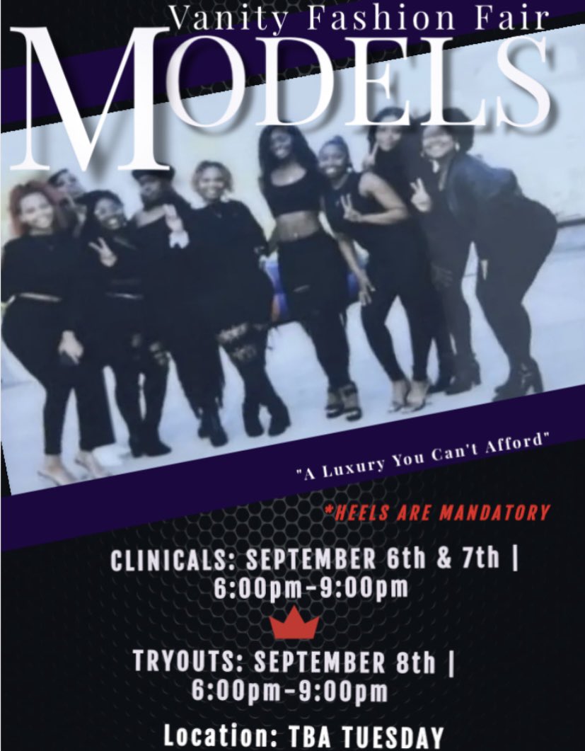 VFFM_SIUC_'s tweet photo. Want to Join The BEST Modeling Team on Campus? Come Out To Clinicals &amp; Tryouts This Week On The 6th-8th from 6pm to 9pm! ✌🏽🥰 https://t.co/mgzFFU7erL