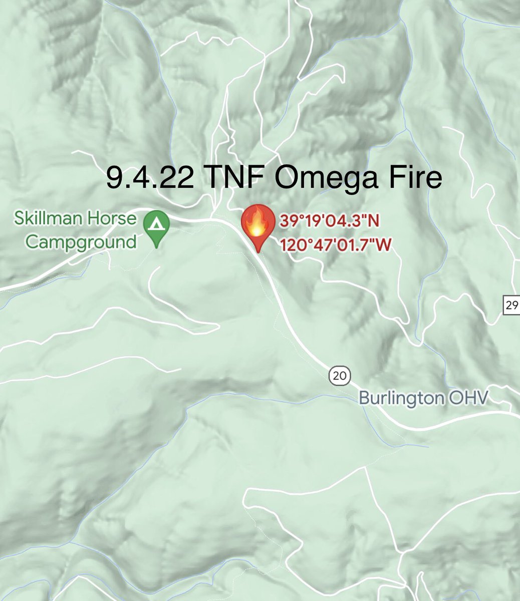 Tahoe_NF's tweet photo. 9.4.22 new TNF Fire #OmegaFire YRRD off of Hwy 20, east of Skillman Horse CG. TNF Dispatch diverted DIV3 BAT32 H3CH w/ Rappelers E331,SantaFe Hotshots to take action with PT31 and cover engine on 20’x100’fire FS Law Enforcement officers en route to investigate cause of wildfire https://t.co/bmsvN7GEXx