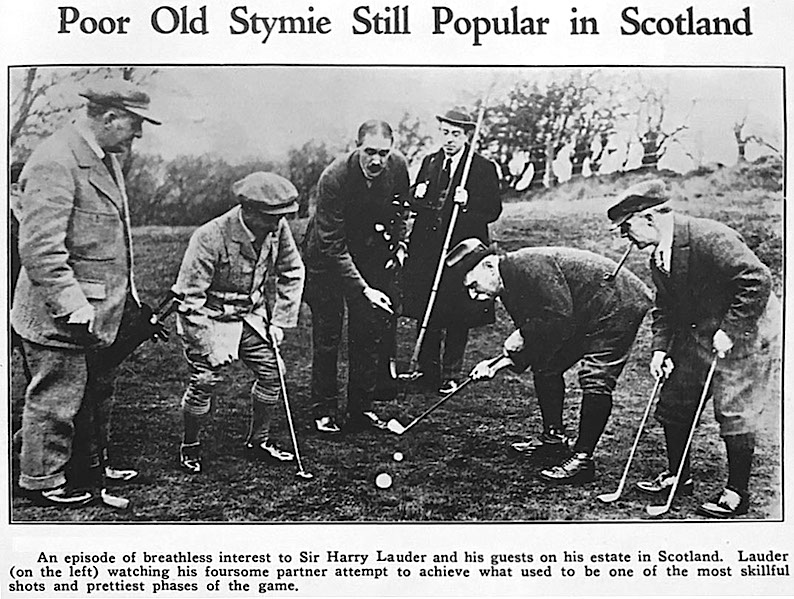 GolfHistorical's tweet photo. Comedian Sir Harry Lauder went on a fundraising tour of North America after WW I, raising money for maimed Scottish soldiers and sailors. #aBeauty This shot is his team's #stymie to win the hole! (1920). https://t.co/AOzKRAFzqt