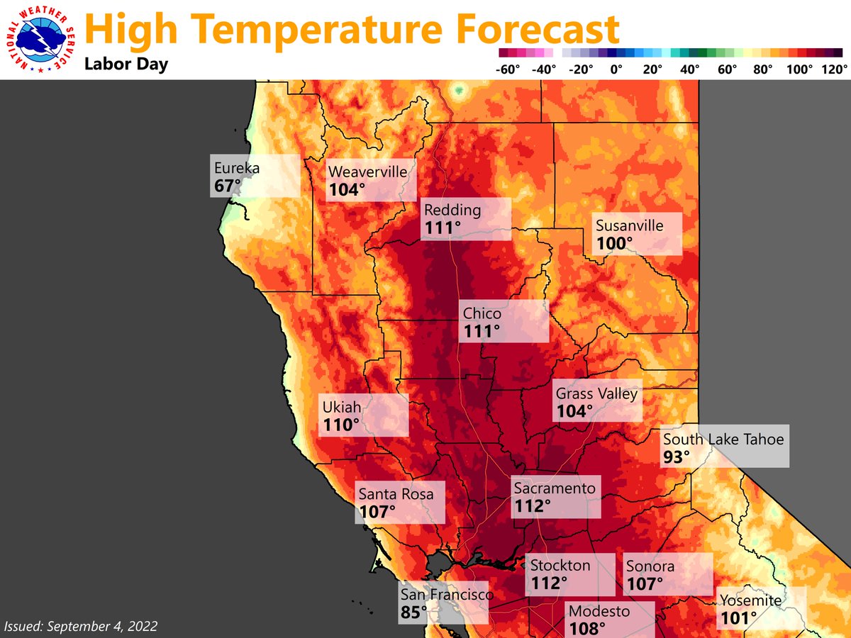 NWSSacramento's tweet photo. 🌡️DANGEROUS &amp; PROLONGED HEATWAVE🌡️

Very hot conditions will develop tomorrow with many Valley cities exceeding 110°F.

Additional days near/above 110°F are likely, possibly for much of the week. Some locations may approach 115°F Mon-Wed.

Stay safe. #CAwx #CAHeat https://t.co/k80IsXWZjn