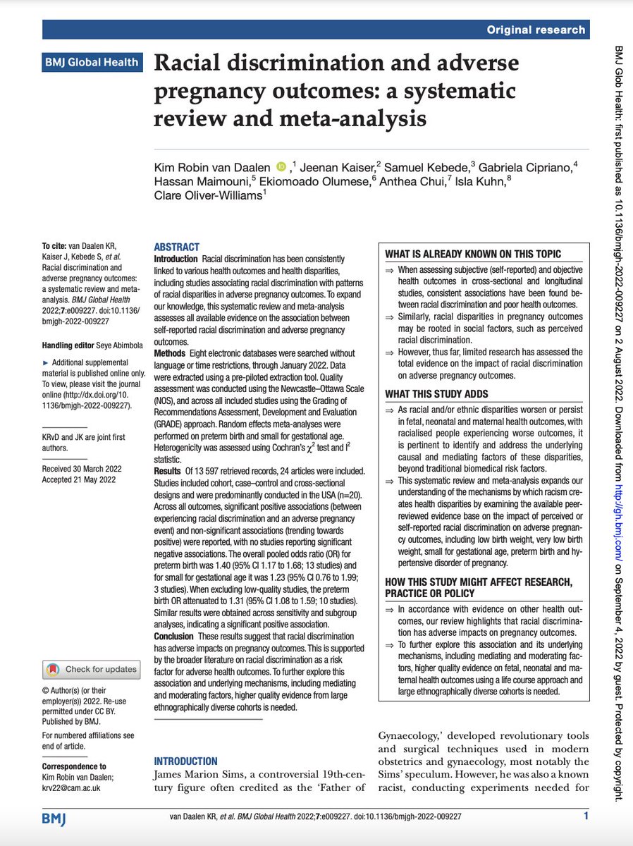 “Evidence increasingly suggests that ... it is often not race, but racism, that is largely the root cause of racialised health disparities”

📣 New systematic review &amp; meta-analysis on pregnancy outcomes &amp; racism ➡️ gh.bmj.com/content/7/8/e0…