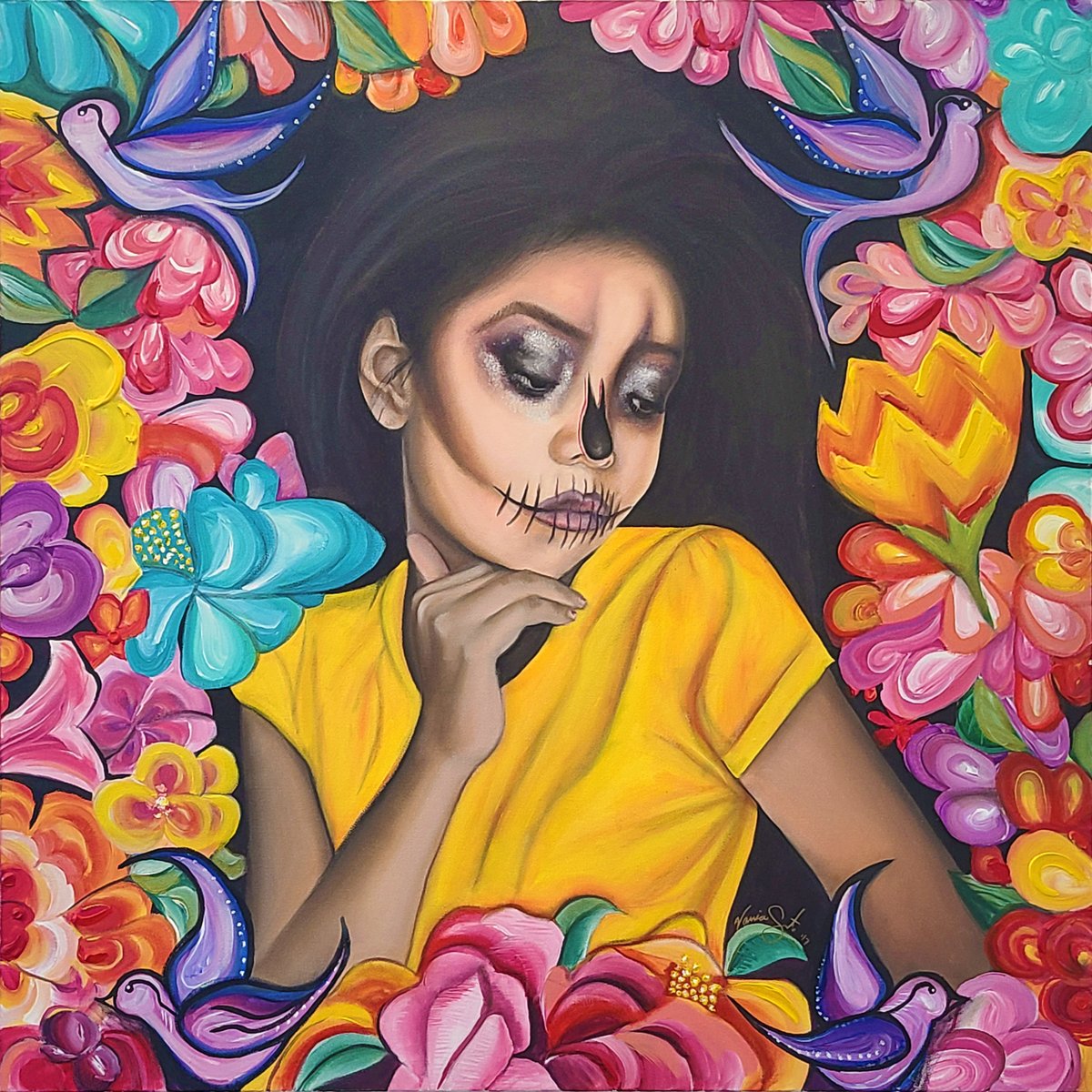 Artist V.  Soto was born in Juarez, Mexico, and began selling paintings at age 13.  Inspired by proud cultural icons such as Frida Kahlo and Diego Rivera, she connects with her heritage by maintaining influential traditions from this rich past.
1/2