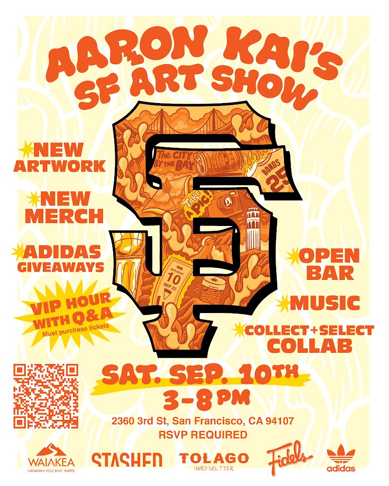 theSTASHED's tweet photo. We’re under a week away from @aaronkkai’s SF homecoming art show and pop-up! Pull up to see the new works, merch collab with @collect__select, and more.

FREE RSVP

https://t.co/dpP9xFKk3G https://t.co/Dj8ivFKKab