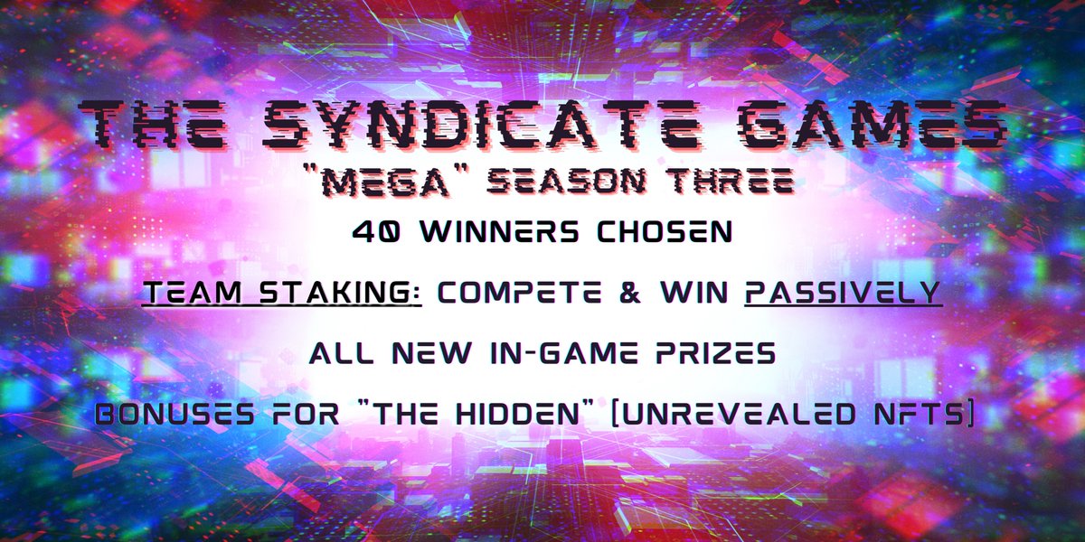 TheFacelessMany's tweet photo. Curious for what is happening after the Corrupted #Resurgence on Tuesday?
We're launching the biggest and baddest season of #SyndicateGames yet!
Introducing MEGA Season 3:
-Team Staking
-40 Winners😱
-New prizes & more!
#NFTGame #NFT https://t.co/XOTSsH7rUw