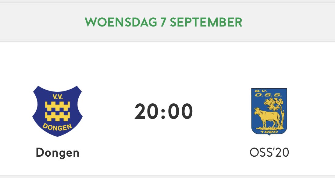 vvdongen's tweet photo. Woensdagavond speelt Dongen tegen @svOSS20
Aanvang: 20.00uur
#donoss #derdedivisiezondag https://t.co/yPb7vTJf3m