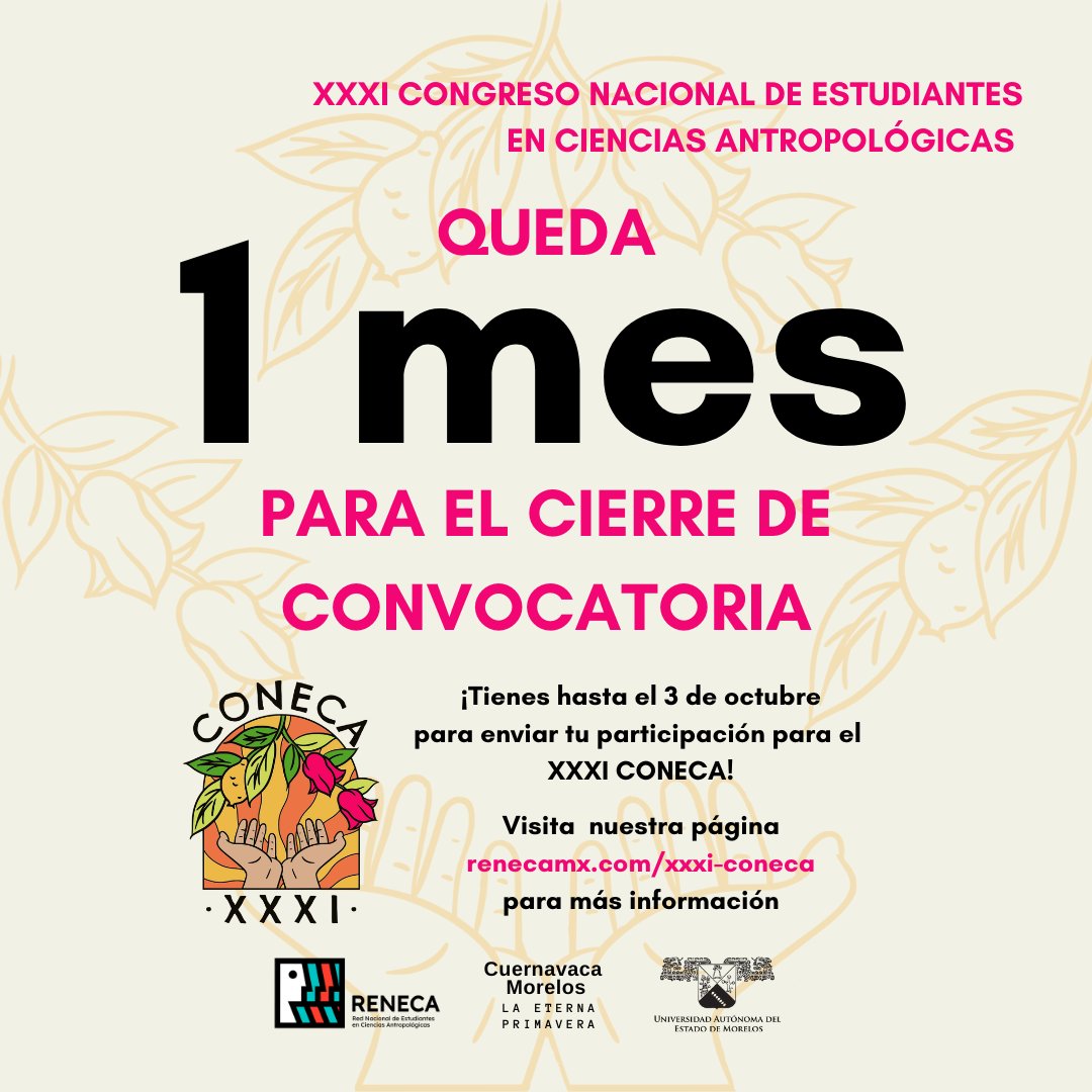 reneca_mx's tweet photo. ¡Comenzamos la cuenta regresiva para el cierre de convocatoria al Congreso Nacional de Estudiantes en Ciencias Antropológicas 2022!
Visita nuestra página web https://t.co/LUsy63VjdO para conocer todos los detalles.
#reneca #coneca #antropología #arqueología #lingüística https://t.co/M9m7eIYNba