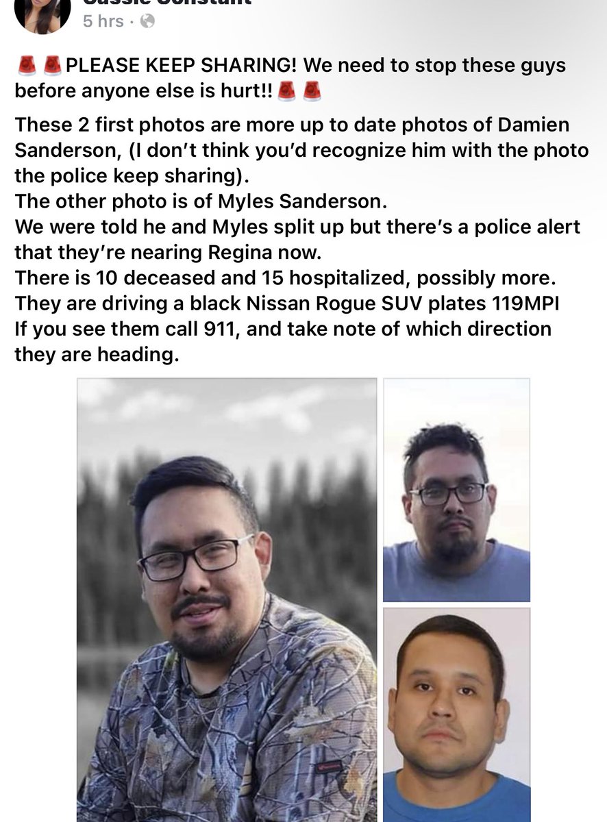 #Saskatchewan #stabbings 

Here is updated photos of the men that are on the run. Please share this.