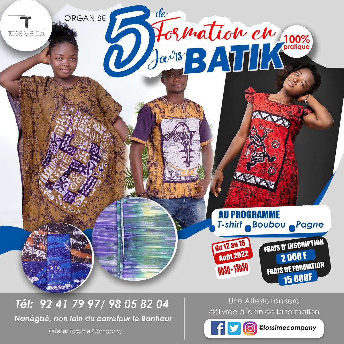 tossimecompany's tweet photo. 5 JOURS DE FORMATION EN BATIK
Vous êtes passionnés de l'art , précisément dans la décoration des pagnes , t-shirts ,...
#Culture #art #pagne #Tespritart #Conception_Graphique #batik #formation #fashion #228CorporationTogo #formationenbatik #Tossime https://t.co/8j8oPHbJdS