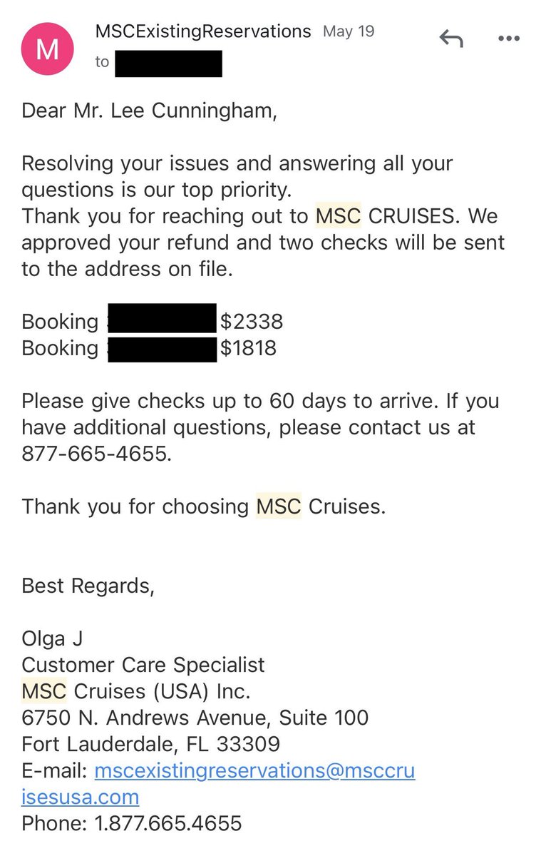 cunninghamlee's tweet photo. @MSCCruisesUSA MSC cruises promised us a refund due to our contracting COVID and not being able to sail. 9 months later, we are still waiting for that refund. https://t.co/9eJshO2efc